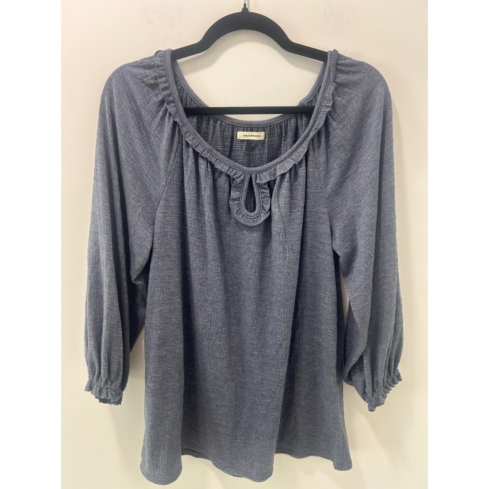 Max Studio Blue Marl Ruffle Neck Keyhole Long Sleeve Blouse Top 9711576